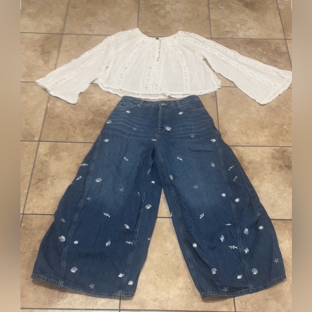 New Free People Westward Embroidered Jeans In Seascape Print Size 29 We The Free - Picture 13 of 16